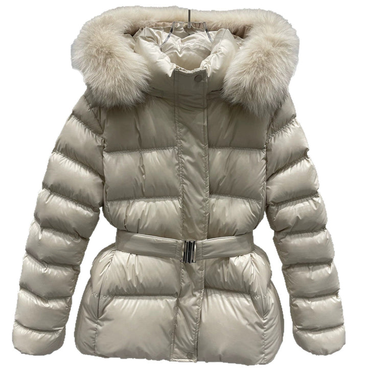 Women Tailored Quilted Puffer Jacket with Belt, High Collar and Removable Fur Trim
