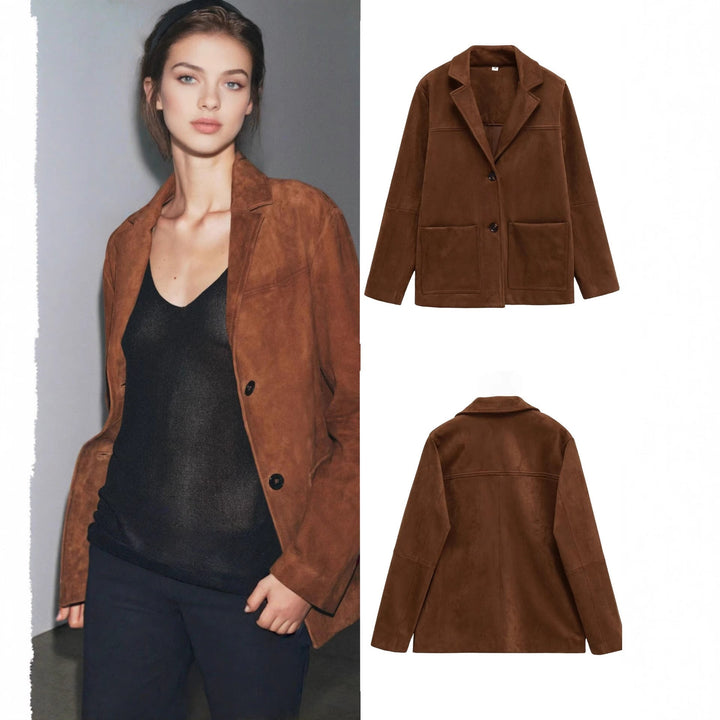 Women Short Suede-Look Coat with Notched Collar and Applied Pockets