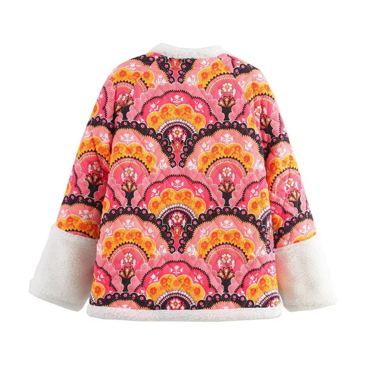 Women quilted jacket with teddy lining and retro-inspired allover print