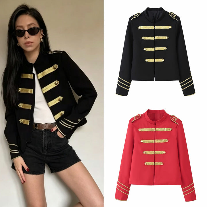 Ladies Cropped Military Jacket with Gold Embroidered Galloons and Stand-up Collar