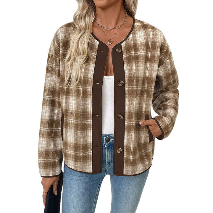 Ladies Checked Transitional Jacket with Round Neck, Contrast Trim and Button Placket