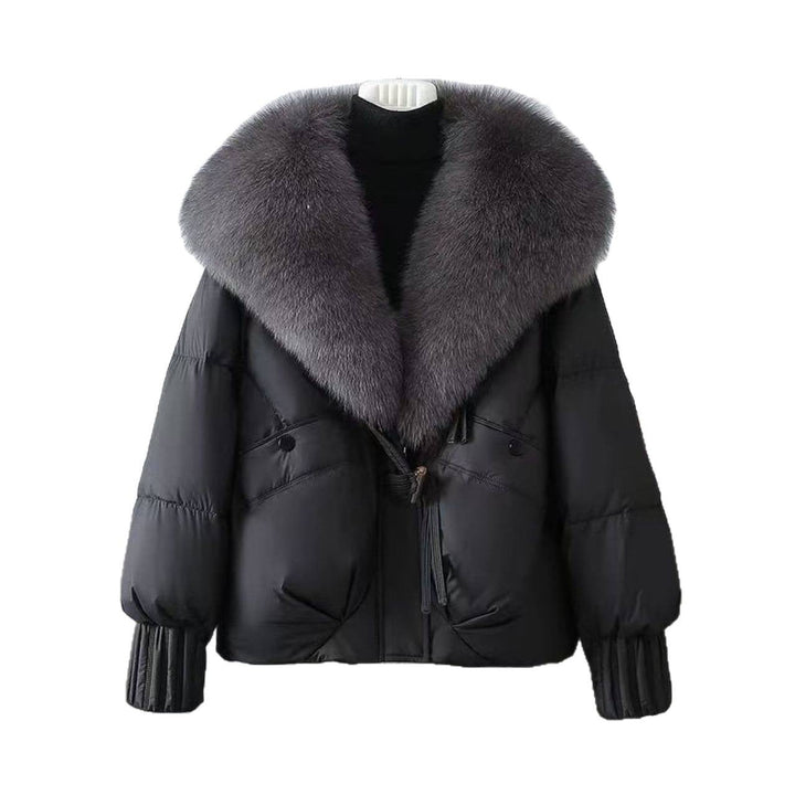 Women nan short padded jacket with voluminous faux fur collar and waist draw