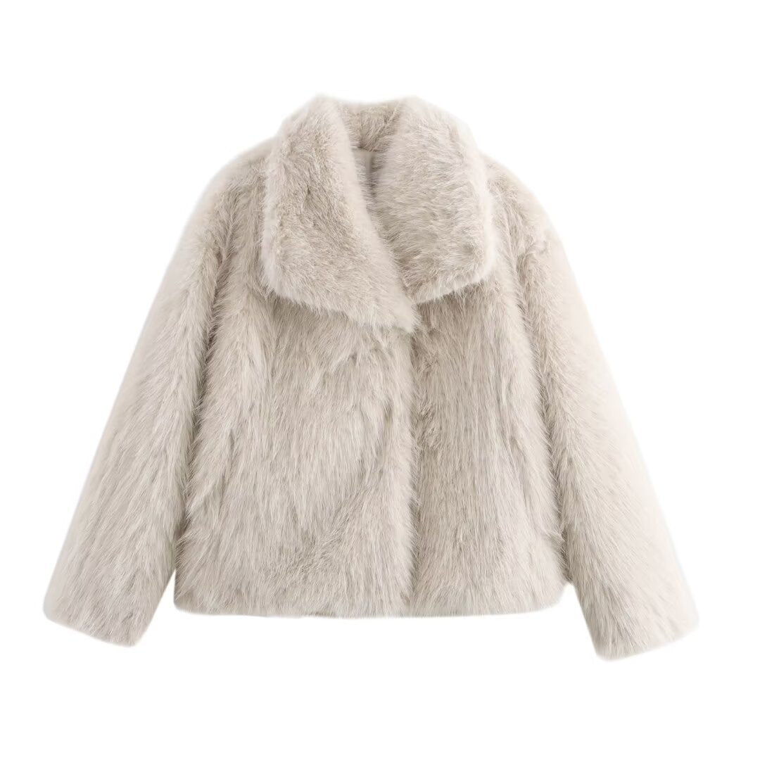 Women short cut boxy faux fur coat with shawl collar