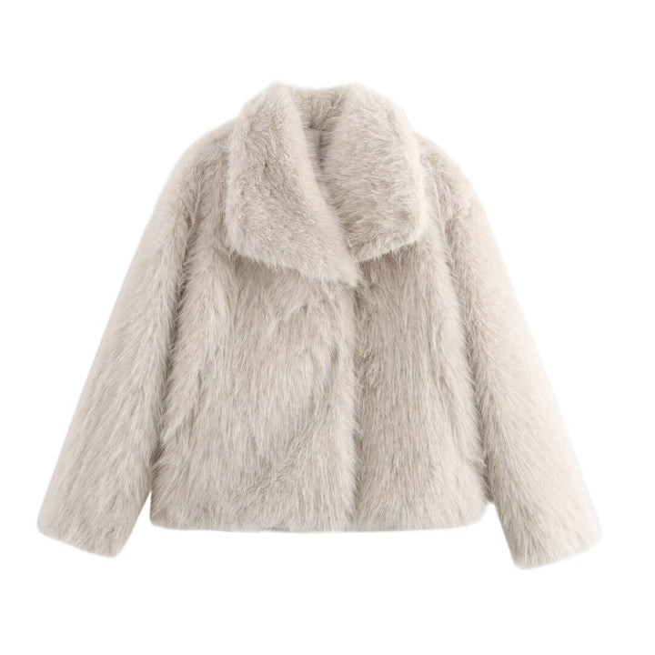 Women short cut boxy faux fur coat with shawl collar