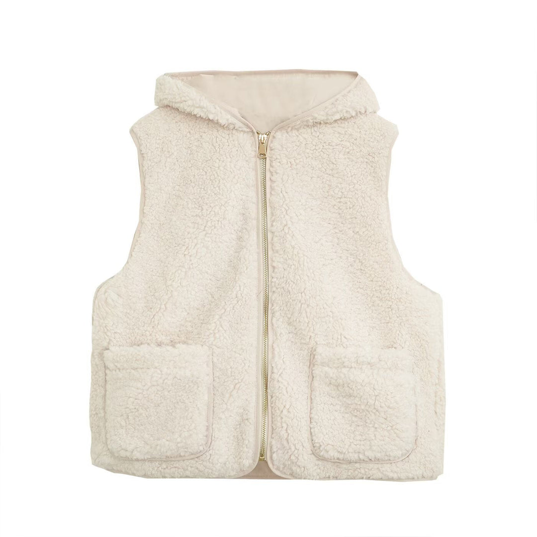 Women Padded Sherpa Vest with Hood, Zip and Patch Pockets