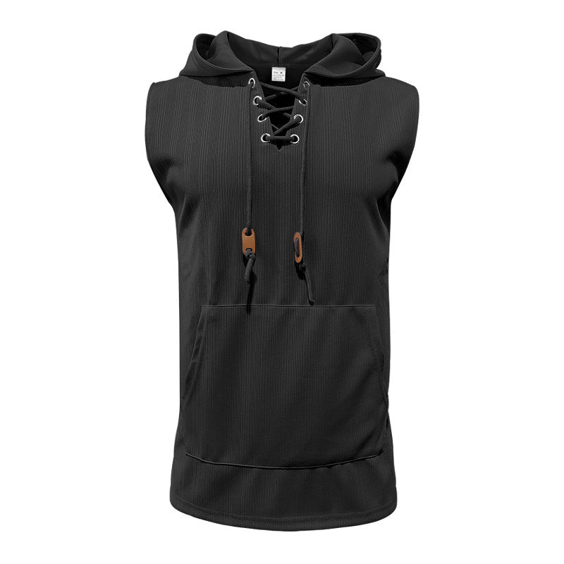 Men sleeveless hoodie sweatshirt with laced collar and kangaroo pocket