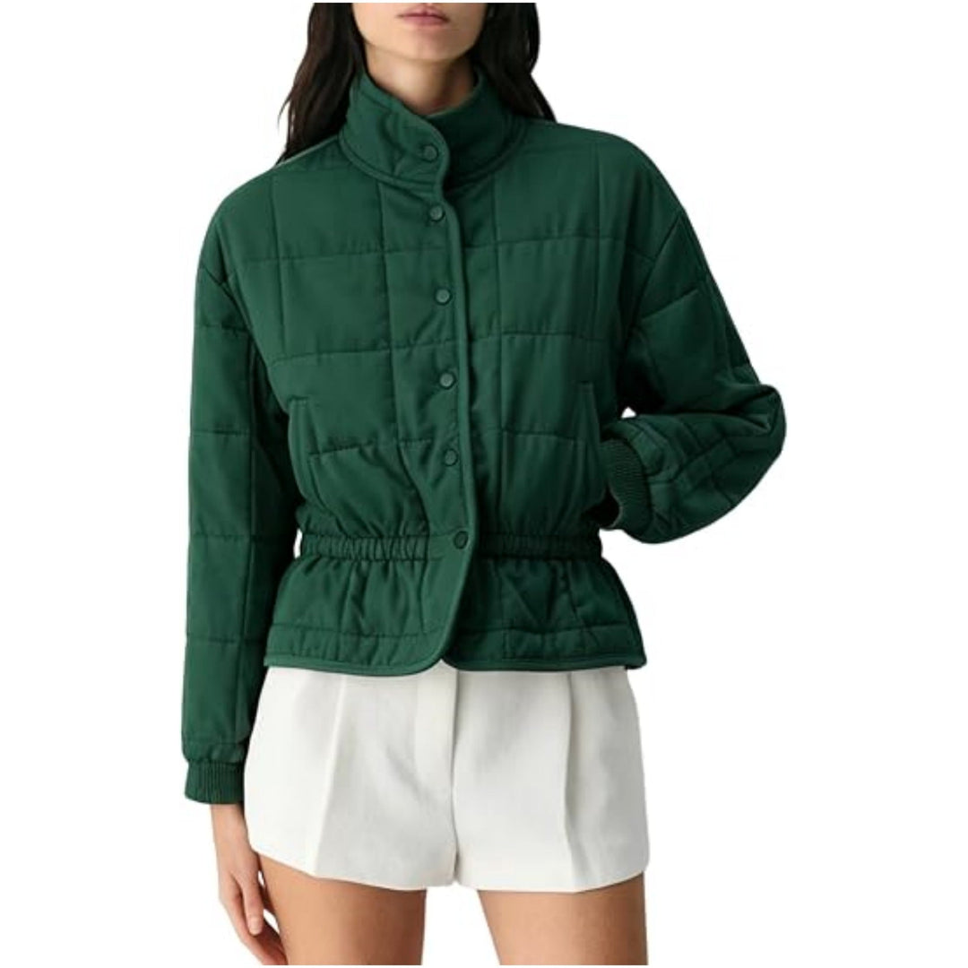 Women padded jacket with stand-up collar and fitted drawstring