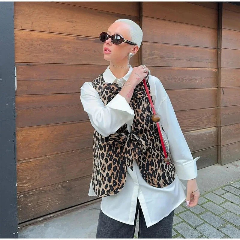 Women Sleeveless Leopard Print Vest with Ties and Textured Surface