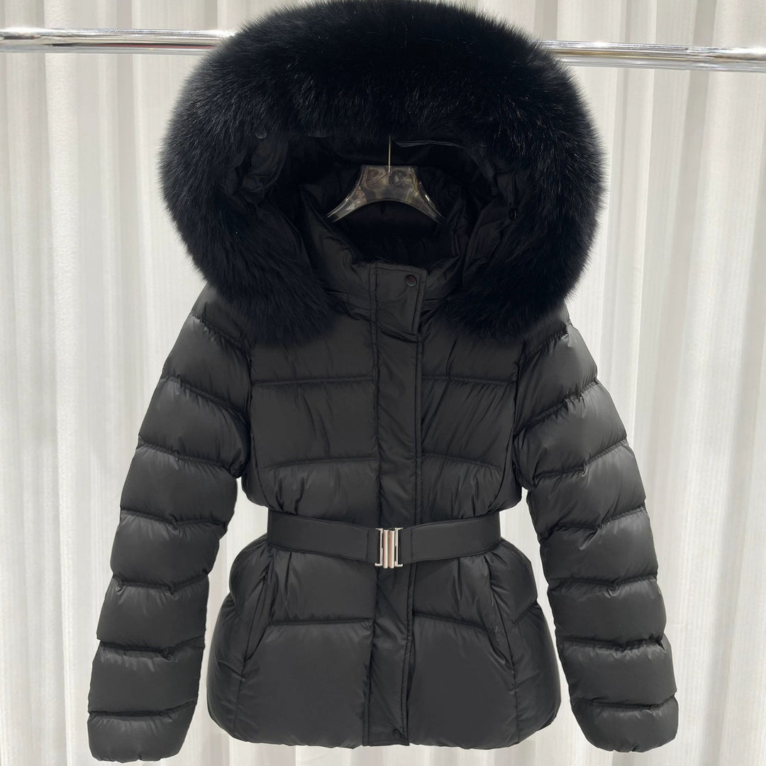 Women Tailored Quilted Puffer Jacket with Belt, High Collar and Removable Fur Trim