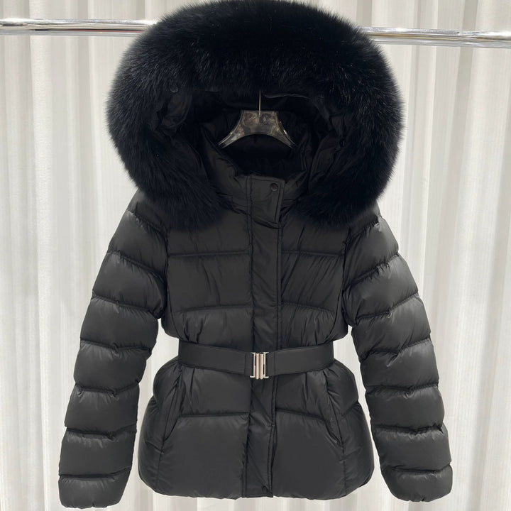Women Tailored Quilted Puffer Jacket with Belt, High Collar and Removable Fur Trim