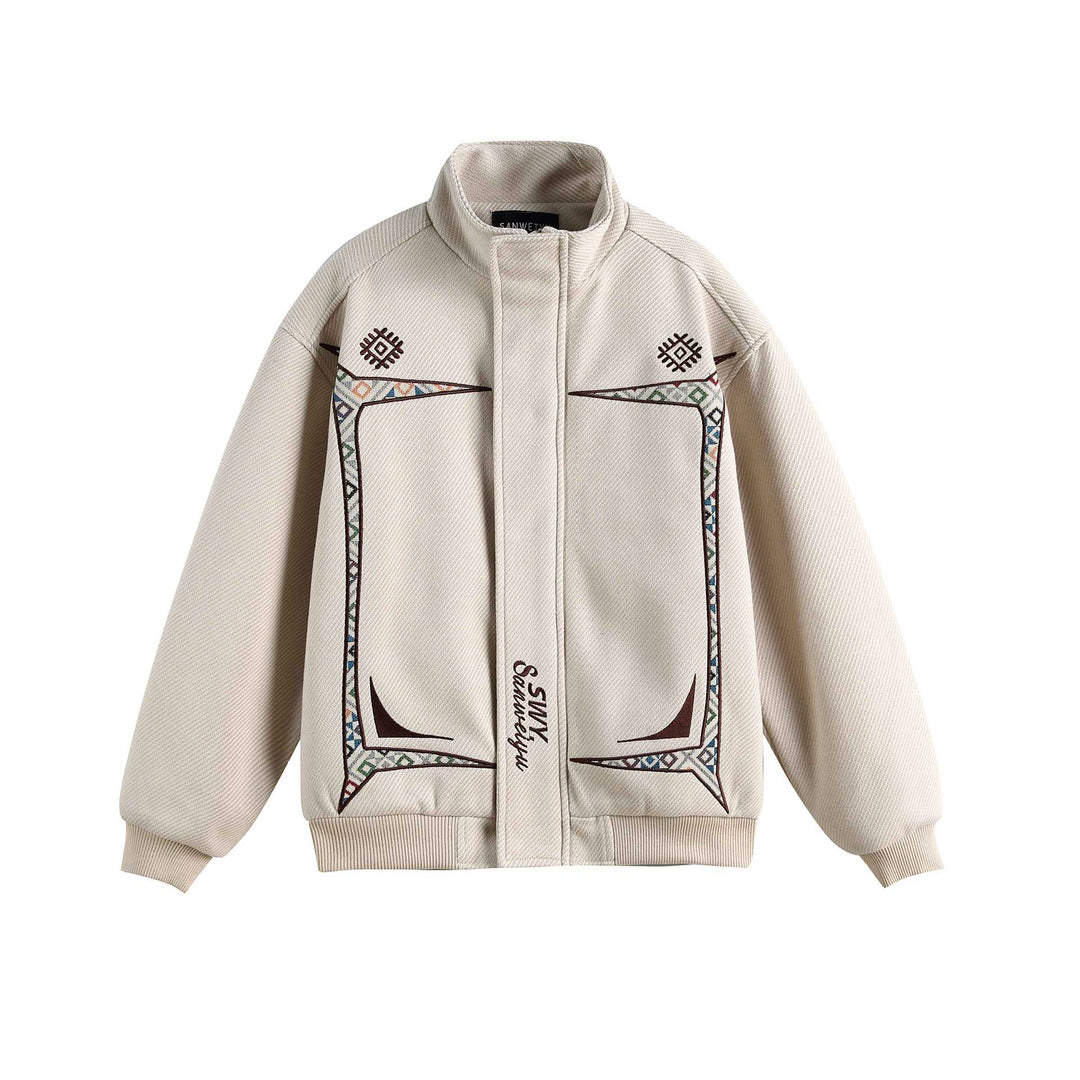 Women Lightweight Stand Collar Jacket with Folk Embroidery Appliqués and Ribbed Cuffs