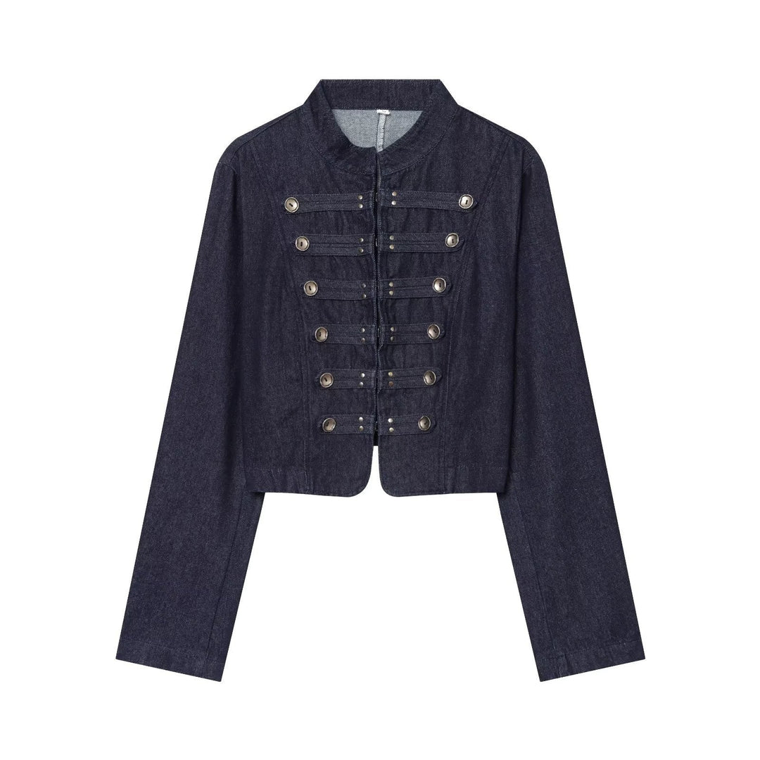 Women Cropped Denim Military Jacket with Stand-Up Collar and Decorative Button Placket