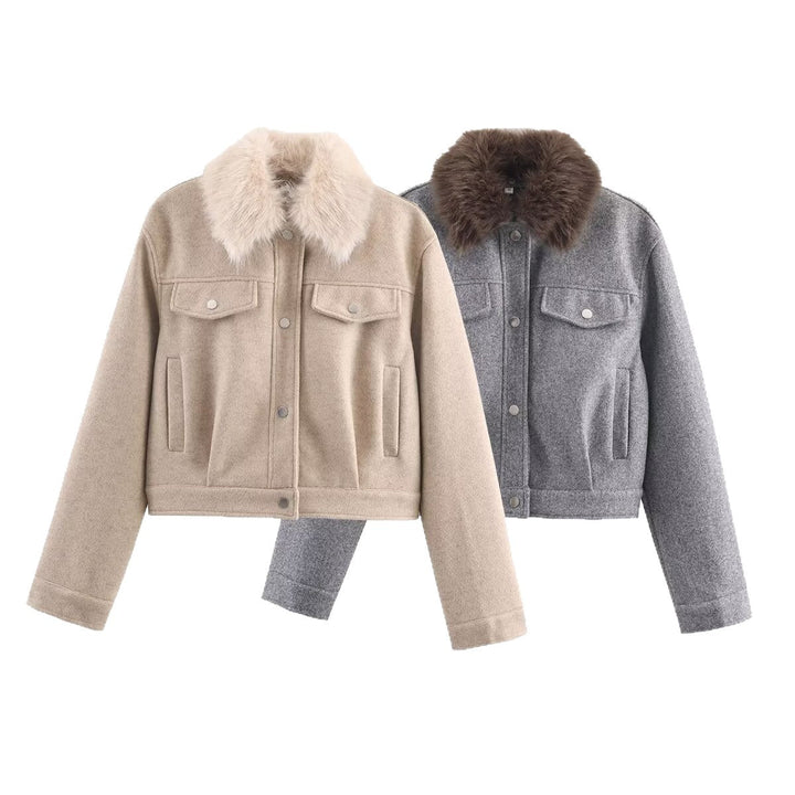 Ladies short wool jacket with voluminous fur collar, snap-button front and patch chest pockets