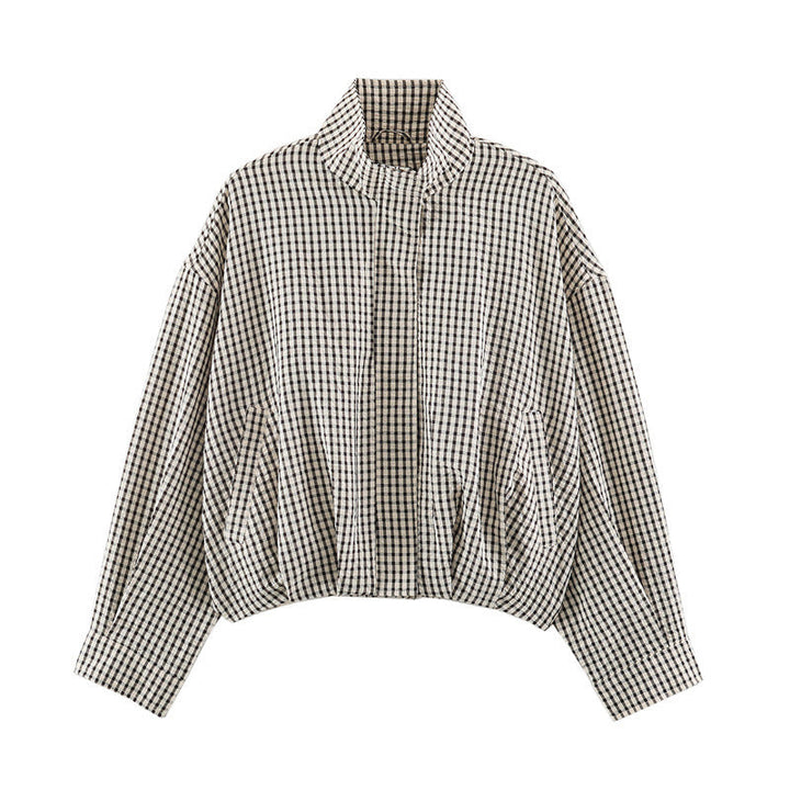 Women Oversize Checkered Blouson Jacket with Stand-up Collar