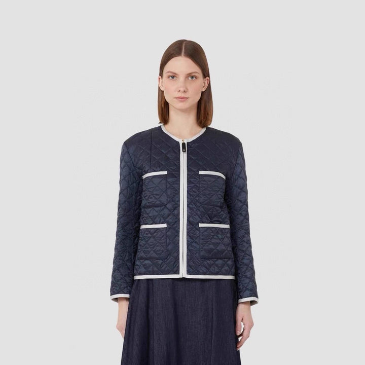 Women Lightly Quilted Short Jacket without Collar with Contrast Piping and Full-Length Zip