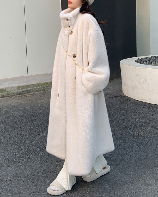 Collar Double Breasted faux mink Fur long coat