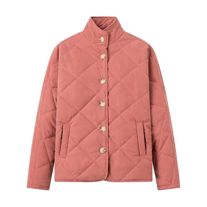 Women Lightweight Quilted Short Jacket with Stand-Up Collar and Button Placket