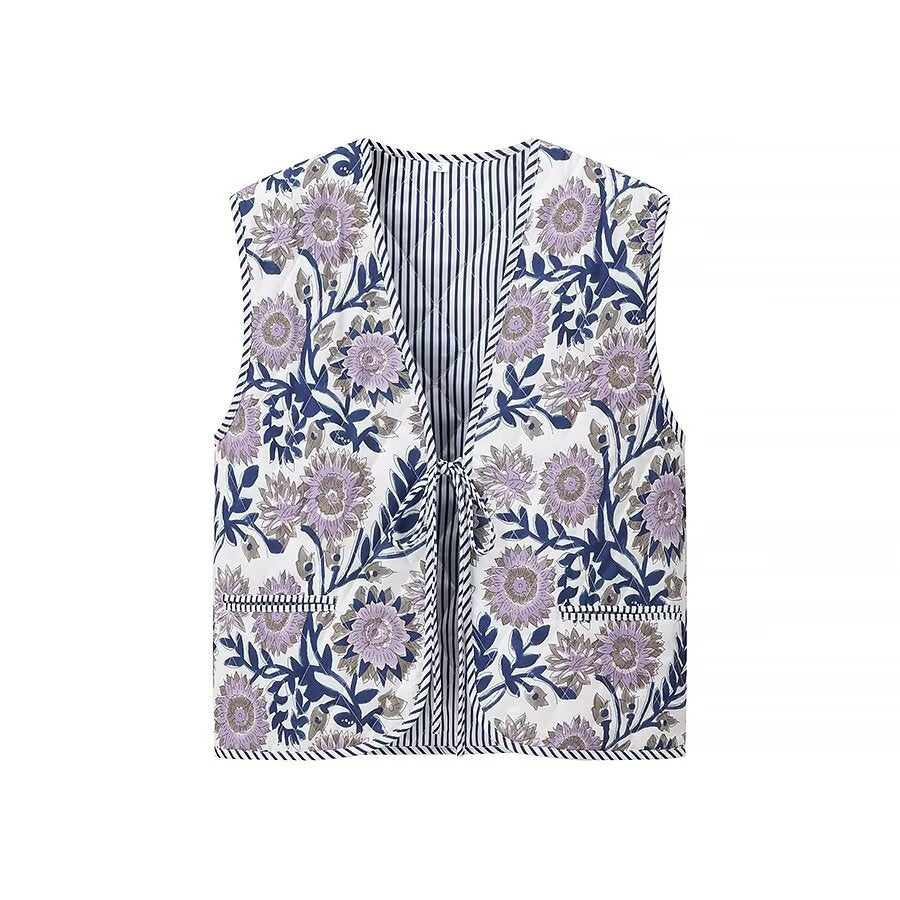 Women Padded Quilted Vest with Floral Allover Look and Tie Band
