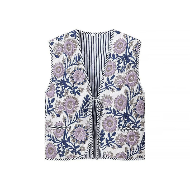 Women Padded Quilted Vest with Floral Allover Look and Tie Band