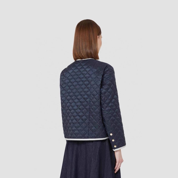 Women Lightly Quilted Short Jacket without Collar with Contrast Piping and Full-Length Zip