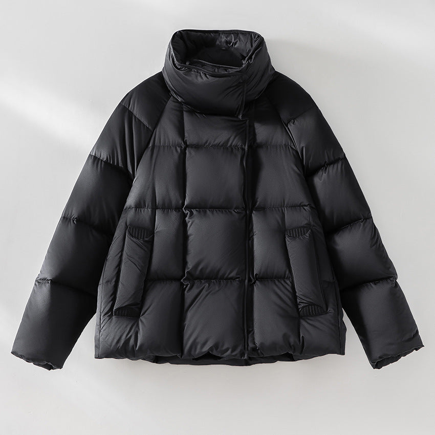 Women Short Boxy Puffer Jacket with High Stand Collar and Raglan Sleeves
