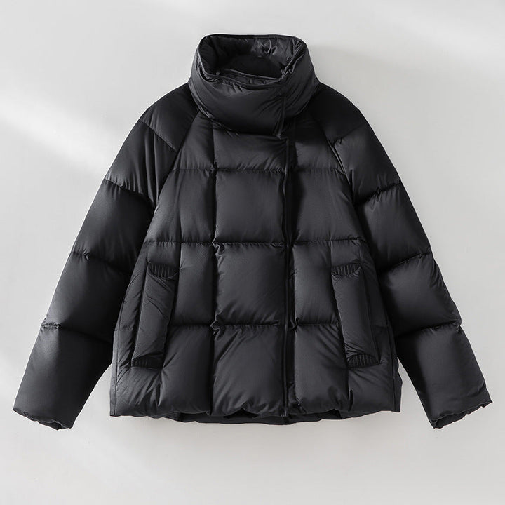 Women Short Boxy Puffer Jacket with High Stand Collar and Raglan Sleeves