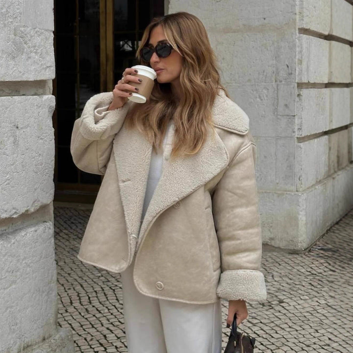 Ladies short jacket in lamb fur look with shawl collar and side patch pockets
