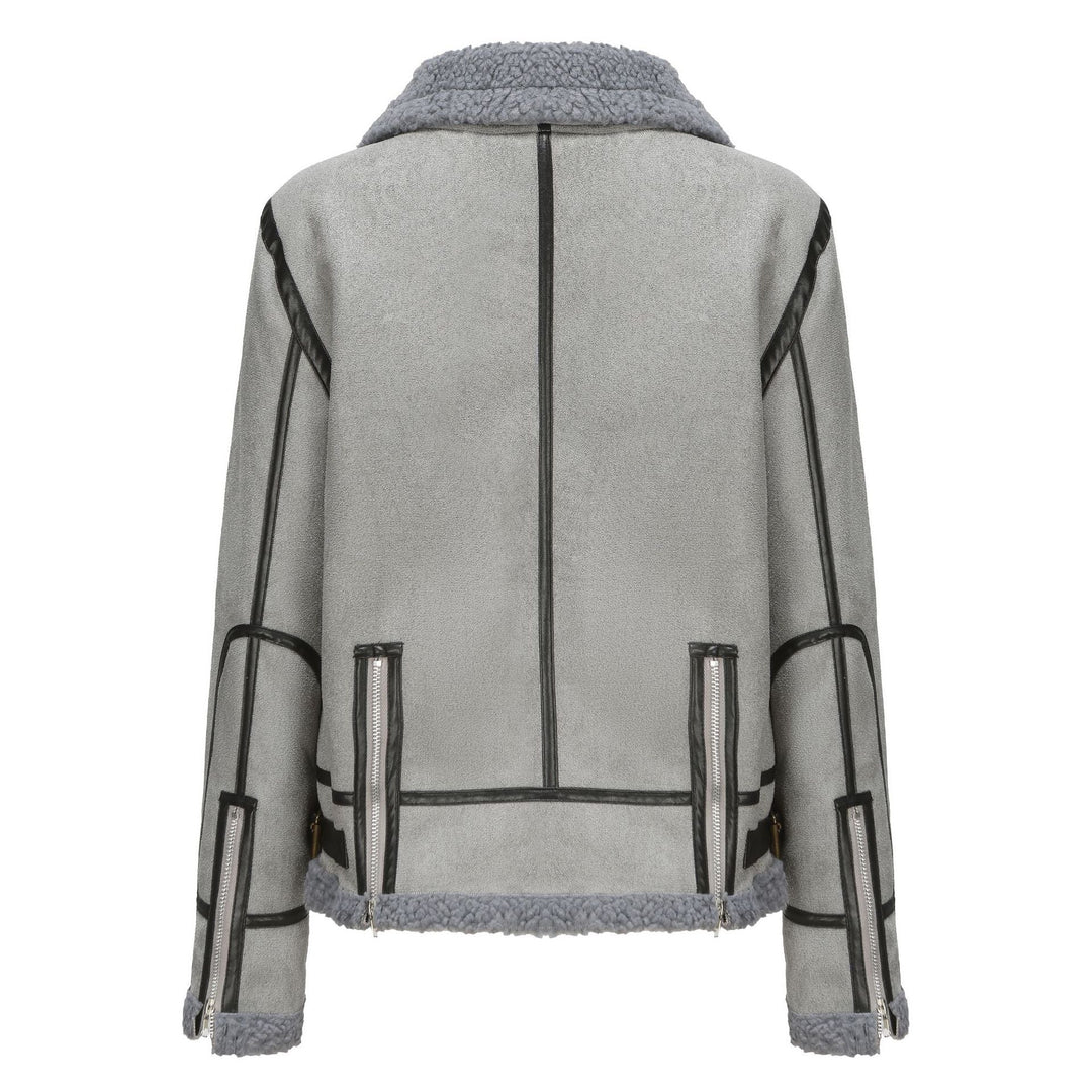 Women Short Cut Aviator Sheepskin Imitation Jacket with Teddy Lining and Faux Leather Trim