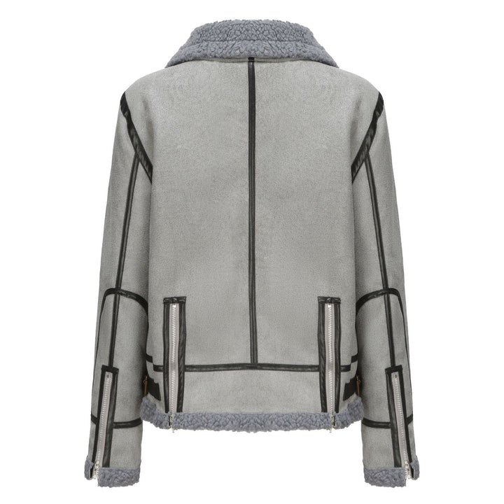 Women Short Cut Aviator Sheepskin Imitation Jacket with Teddy Lining and Faux Leather Trim