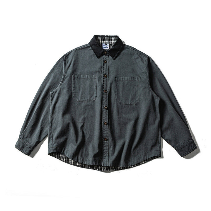 Unisex Oversize Shirt Jacket with Contrast Collar and Checked Lining
