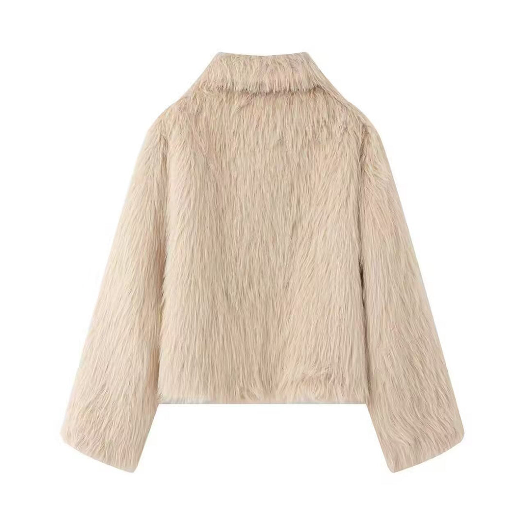 Women Short Faux Fur Cropped Jacket with Voluminous Shawl Collar and Front Zip