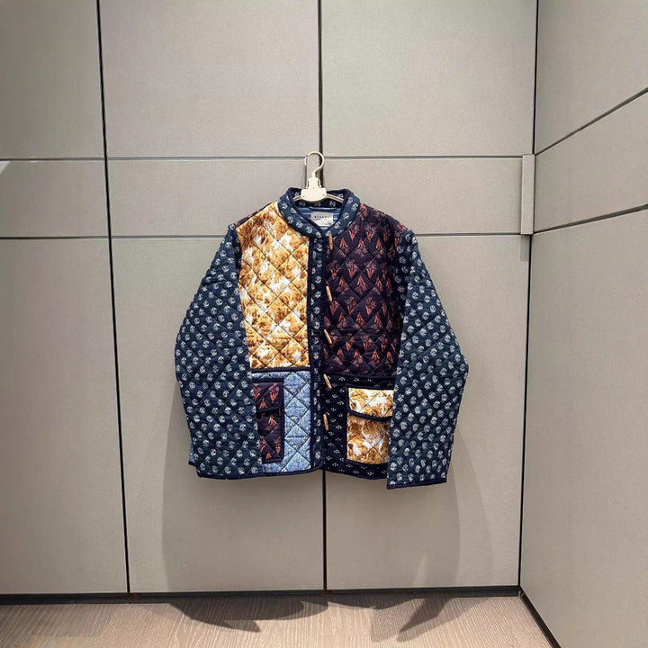 Women Padded Patchwork Quilted Jacket with Toggle Closures and Patch Pockets