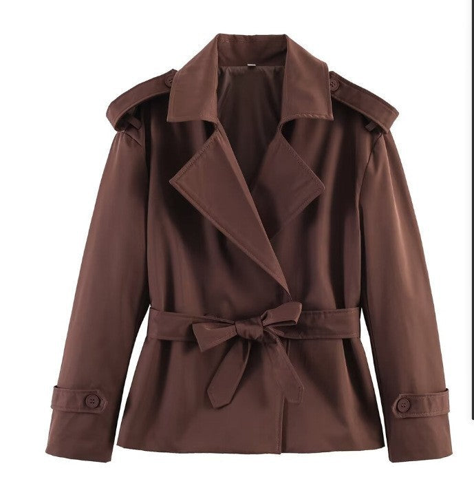 Women Tailored Short Trench Coat with Tie Belt and Epaulettes