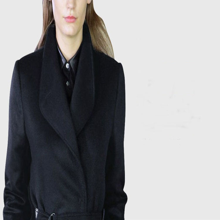 Women’s maxi long tailored wrap long coat with shawl collar and fine tie belt