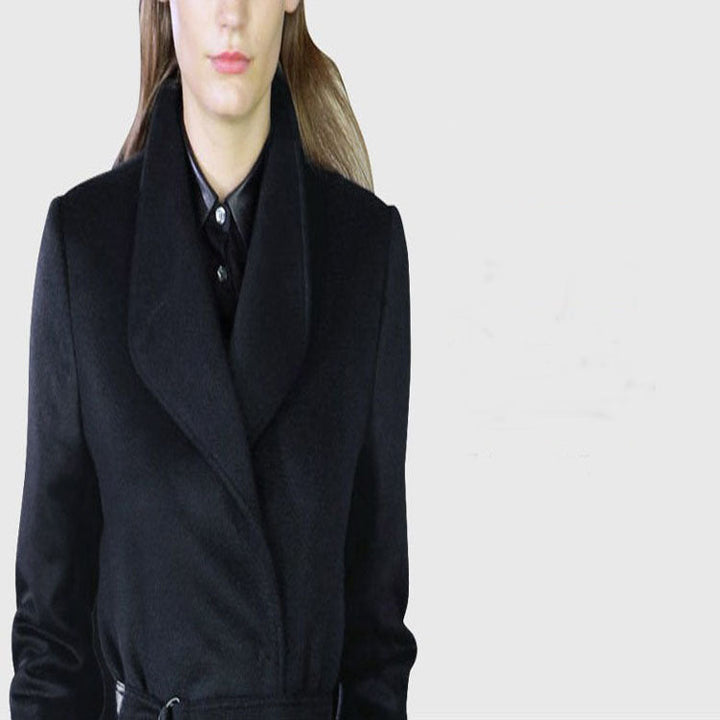 Women’s maxi long tailored wrap long coat with shawl collar and fine tie belt
