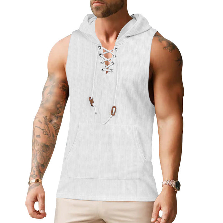 Men sleeveless hoodie sweatshirt with laced collar and kangaroo pocket