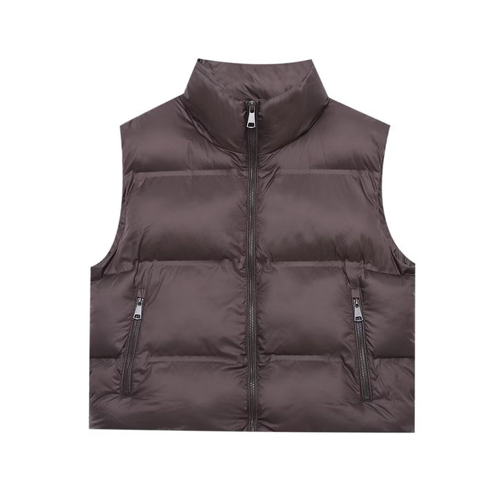 Ladies Padded Cropped Quilted Vest with High Stand-Up Collar and Zip Pockets