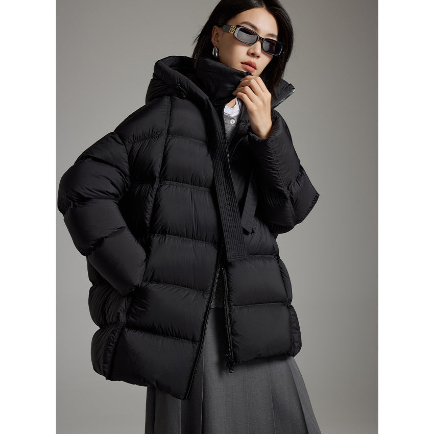 Ladies quilted warming down jacket with hood and loose silhouette