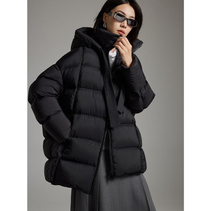 Ladies quilted warming down jacket with hood and loose silhouette