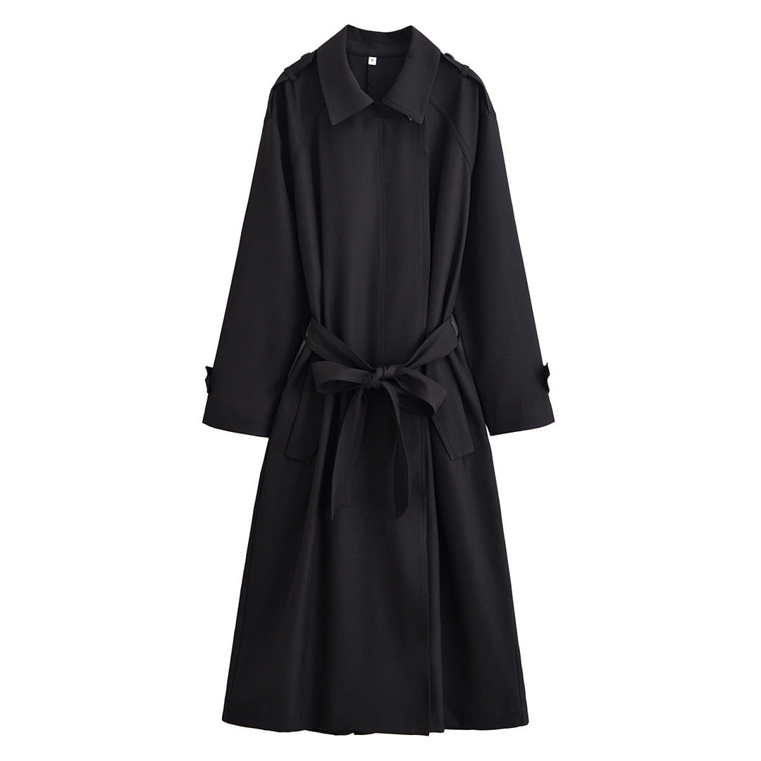 Ladies longer waist-adjustable trench coat with tie belt and epaulettes