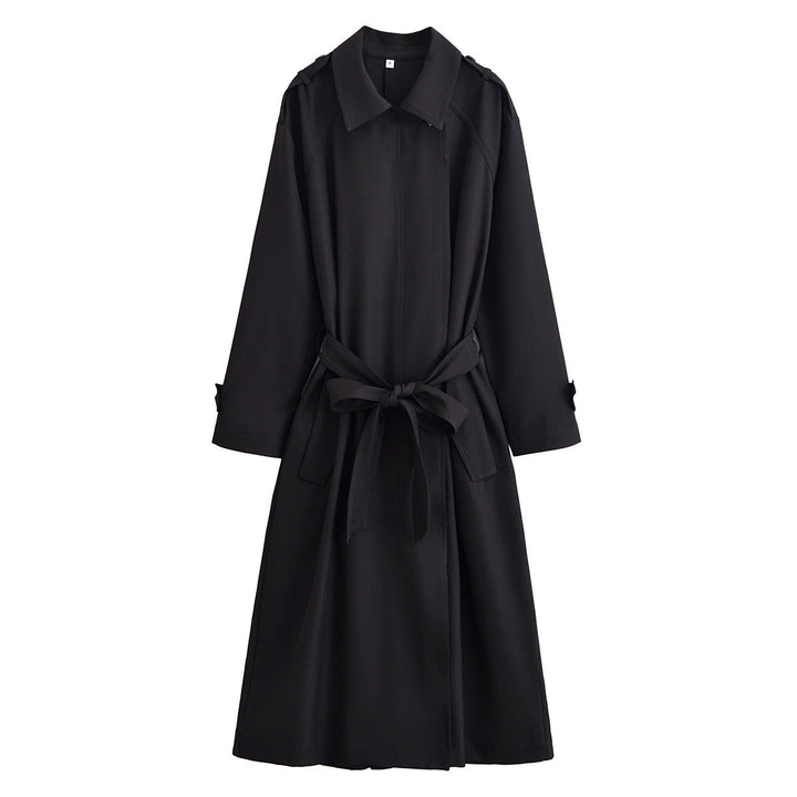 Ladies longer waist-adjustable trench coat with tie belt and epaulettes