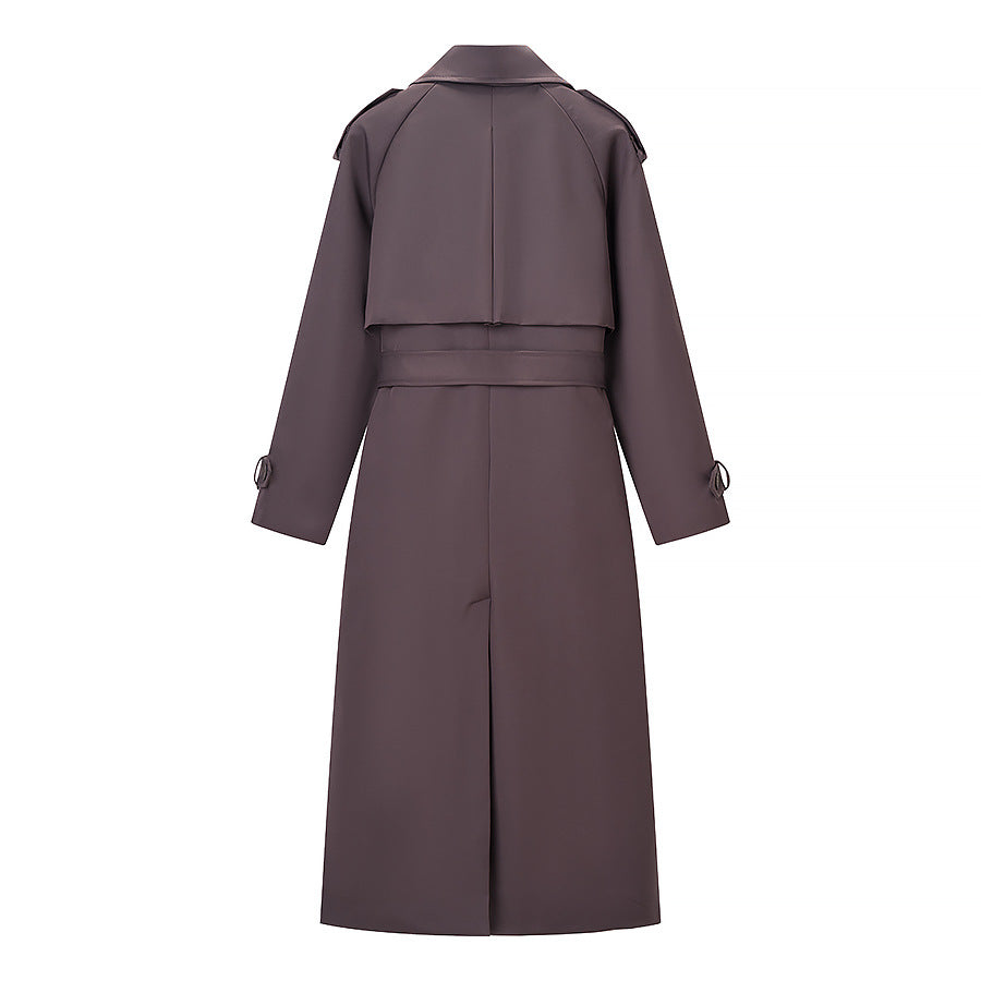 Women Longer tailored trench coat with tie belt and double-breasted button placket