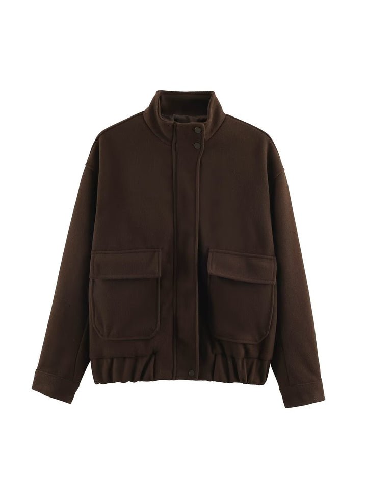 Ladies Boxy Wool Blend Blouson Jacket with Stand-Up Collar, Large Flap Pockets and Elastic Hem