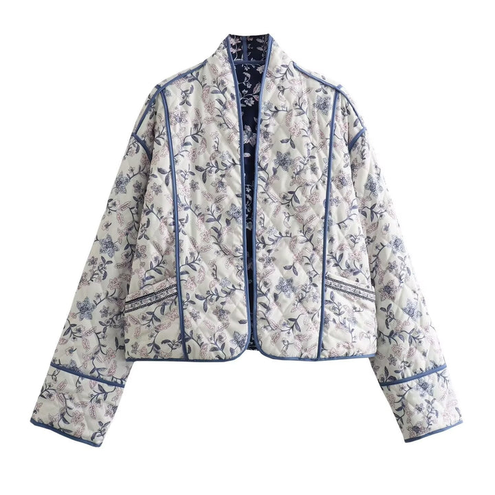 Ladies quilted kimono jacket with floral all-over pattern and contrasting piping