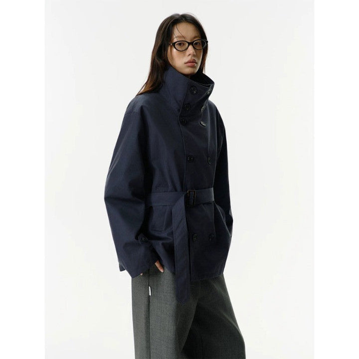 Women Short Jacket in Trench Style with Double-Breasted Button Placket, Waist Belt, and Stand-Up Collar