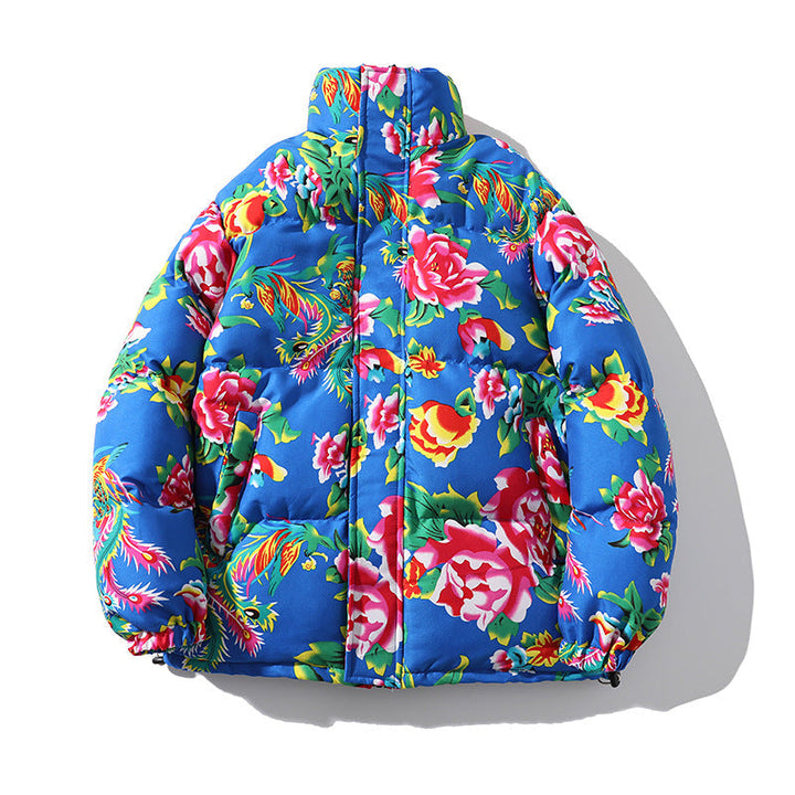Women’s Padded Quilted Puffer Jacket with Large Floral Print and Stand Collar