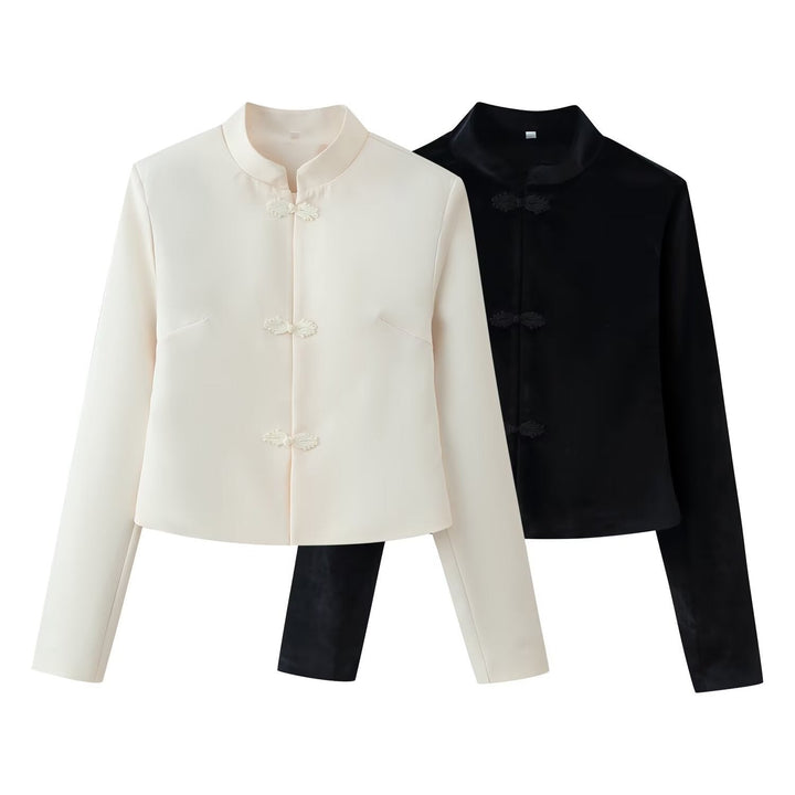Women Cropped Tailored Jacket with Mandarin Collar and Decorative Toggle Closures