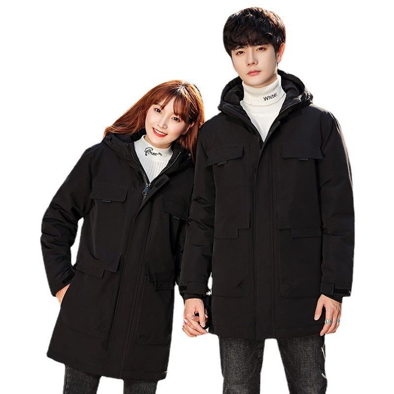 Unisex Padded Long Parka with Hood Multi-Pockets and Windproof Thermal Insulation