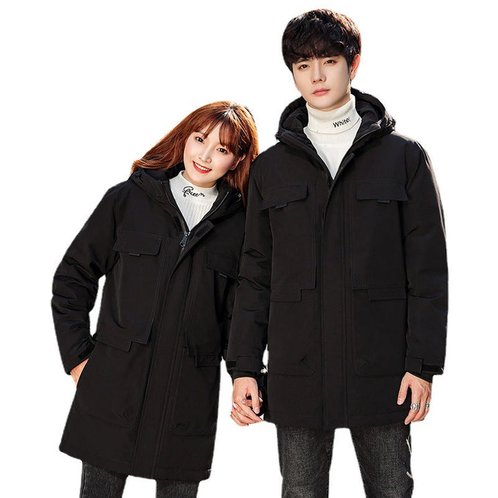 Unisex Padded Long Parka with Hood Multi-Pockets and Windproof Thermal Insulation