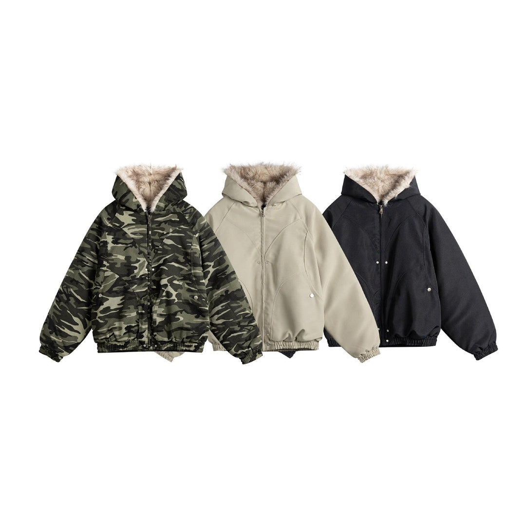 Women Short Cut Camouflage Transition Jacket with Faux Fur Hood and Elastic Hem